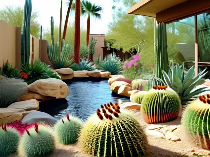 How to design low-water xeriscape landscape layouts dominated by outdoor cactus